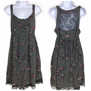 Grey Festival Floral Print Dress with Black Lace
